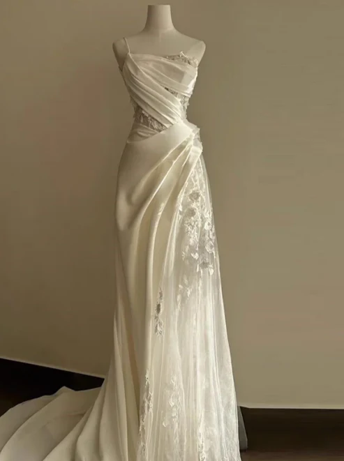 Timeless A Line One Shoulder Strap Satin Tulle Applique With Veil Long Wedding Dresses