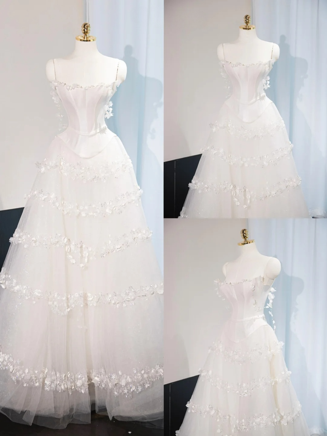 Princess A-Line Spaghetti Straps White Satin Tulle Applique Long Wedding Dresses - FashionDia