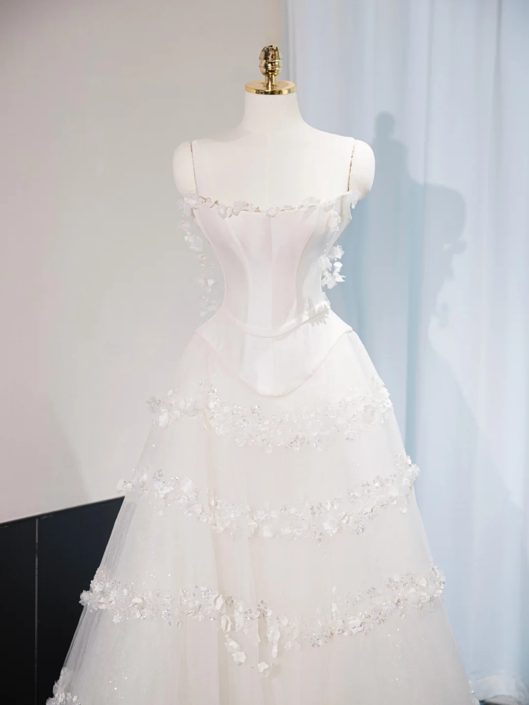 Princess A-Line Spaghetti Straps White Satin Tulle Applique Long Wedding Dresses - View 3 | FashionDia