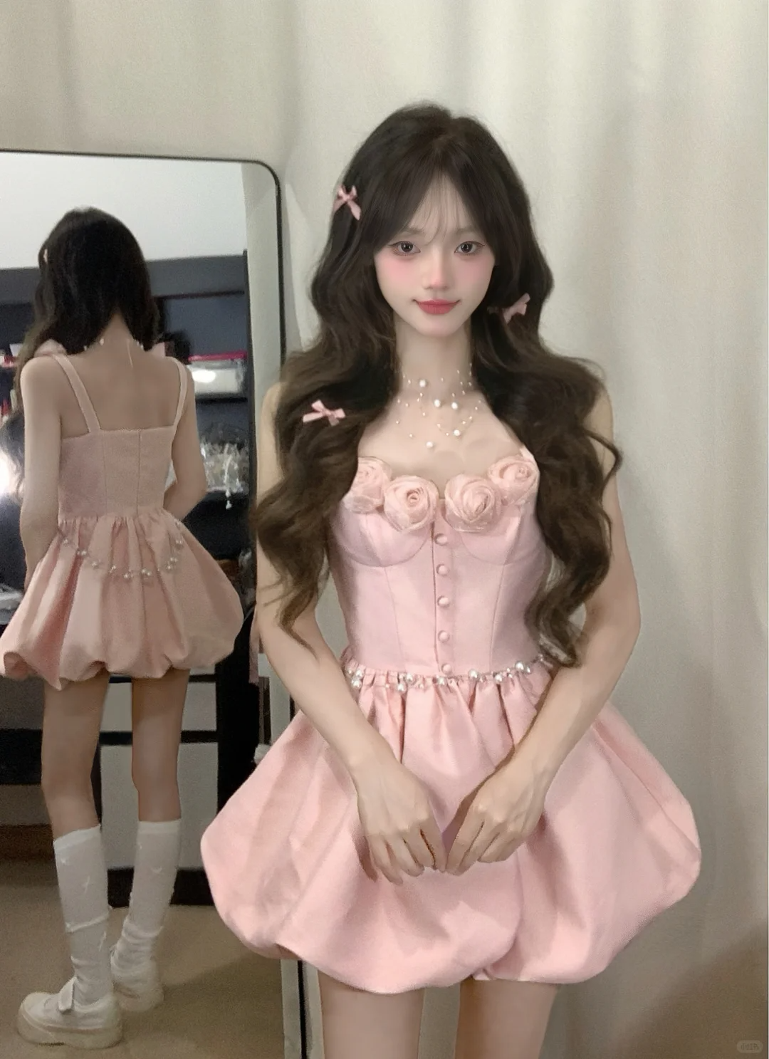 Pink A-Line Spaghetti Straps Satin Flowers Short Homecoming Dress 18th Birthday Outfits - FashionDia
