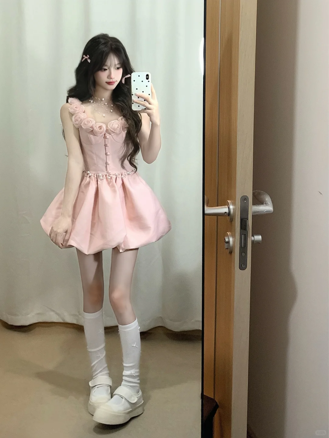Pink A-Line Spaghetti Straps Satin Flowers Short Homecoming Dress 18th Birthday Outfits - View 4 | FashionDia