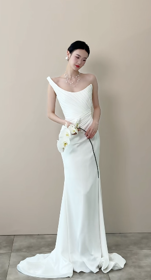 Elegant Mermaid One Shoulder Satin Pleated Long Wedding Dresses