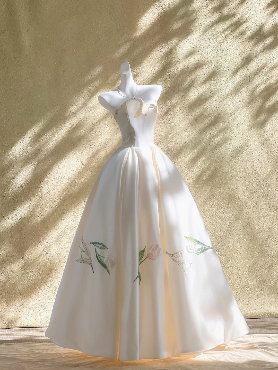 Elegant A Line Strapless Satin Sequin Flower Long Wedding Dresses