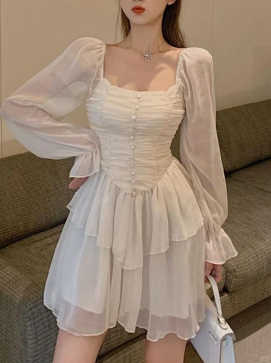 Pretty A-Line Square Satin Chiffon Long Sleeves Short Homecoming Dress 17th Birthday Outfits - FashionDia