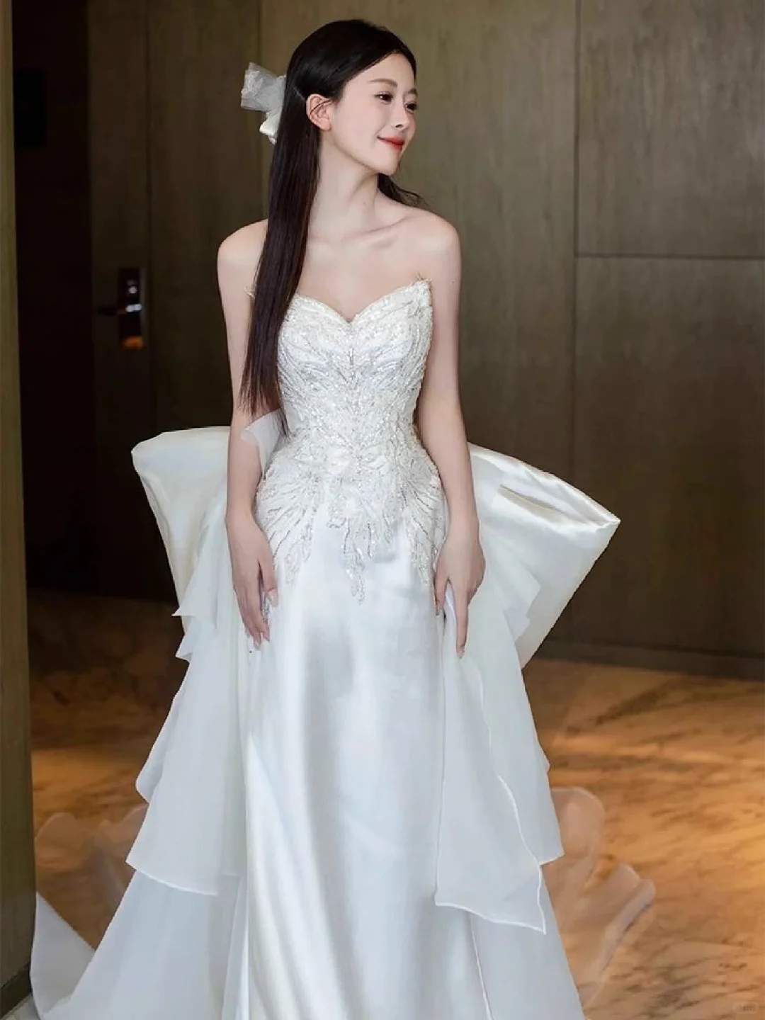 Dreamy Mermaid Strapless Satin Sequin Long Wedding Dresses