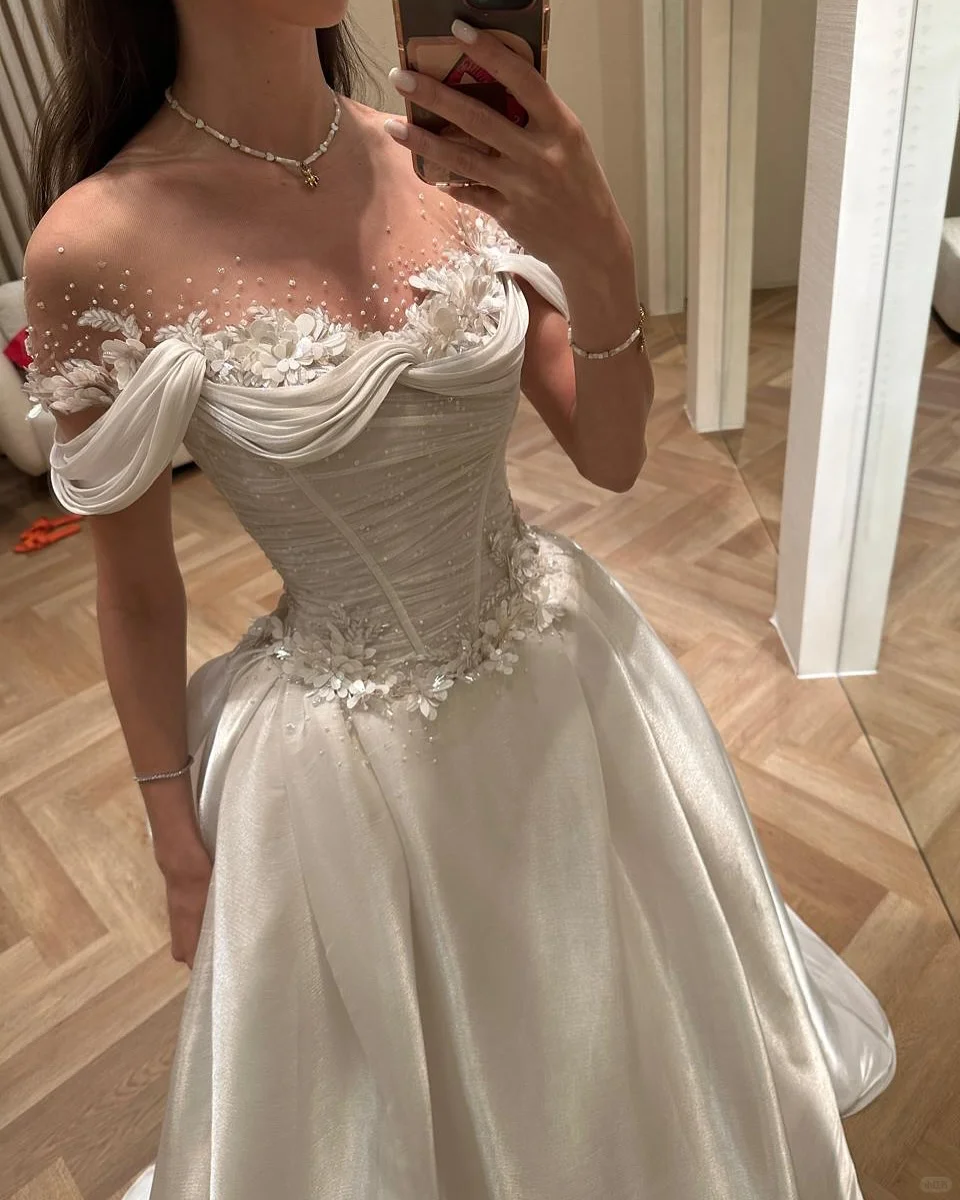 Gorgeous Ball Gown Off The Shoulder Satin Beads Flowers Long Wedding Dresses