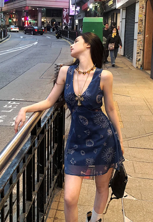 Navy A-Line V-Neck Satin Chiffon Printed Short Homecoming Dress Birthday Outfits - FashionDia