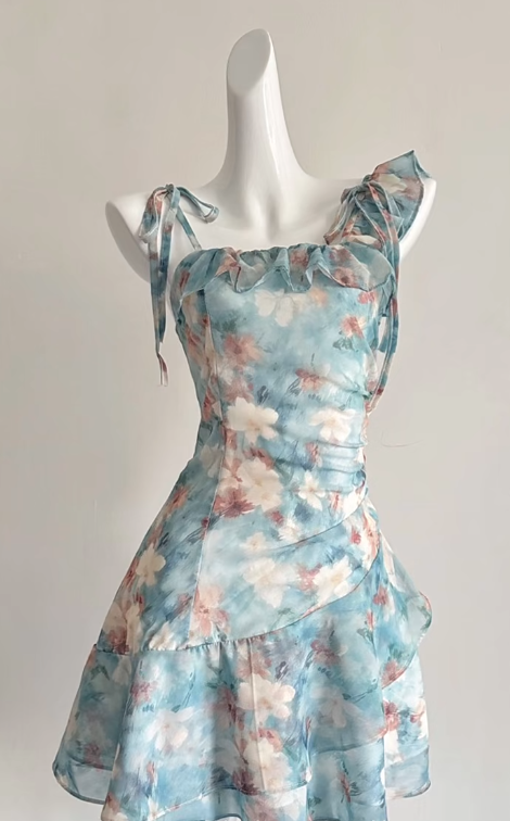 Chic A-Line Spaghetti Straps Chiffon Printed Short Homecoming Dress 19th Birthday Outfits - FashionDia