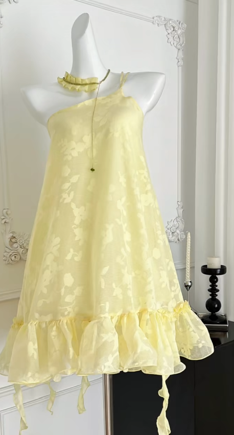 Pastel Yellow A-Line One-Shoulder Strap Chiffon Applique Short Homecoming Dress 17th Birthday Outfits - FashionDia