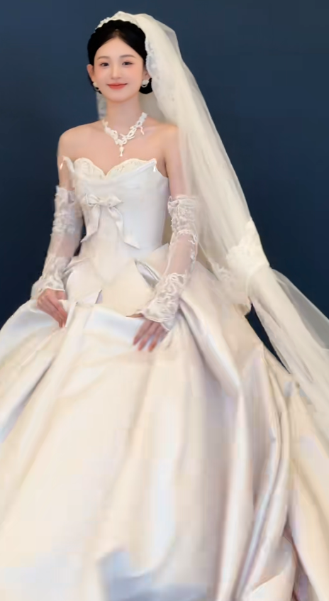Timeless Ball Gown Strapless Satin Applique With Veil Sleeves Long Wedding Dresses