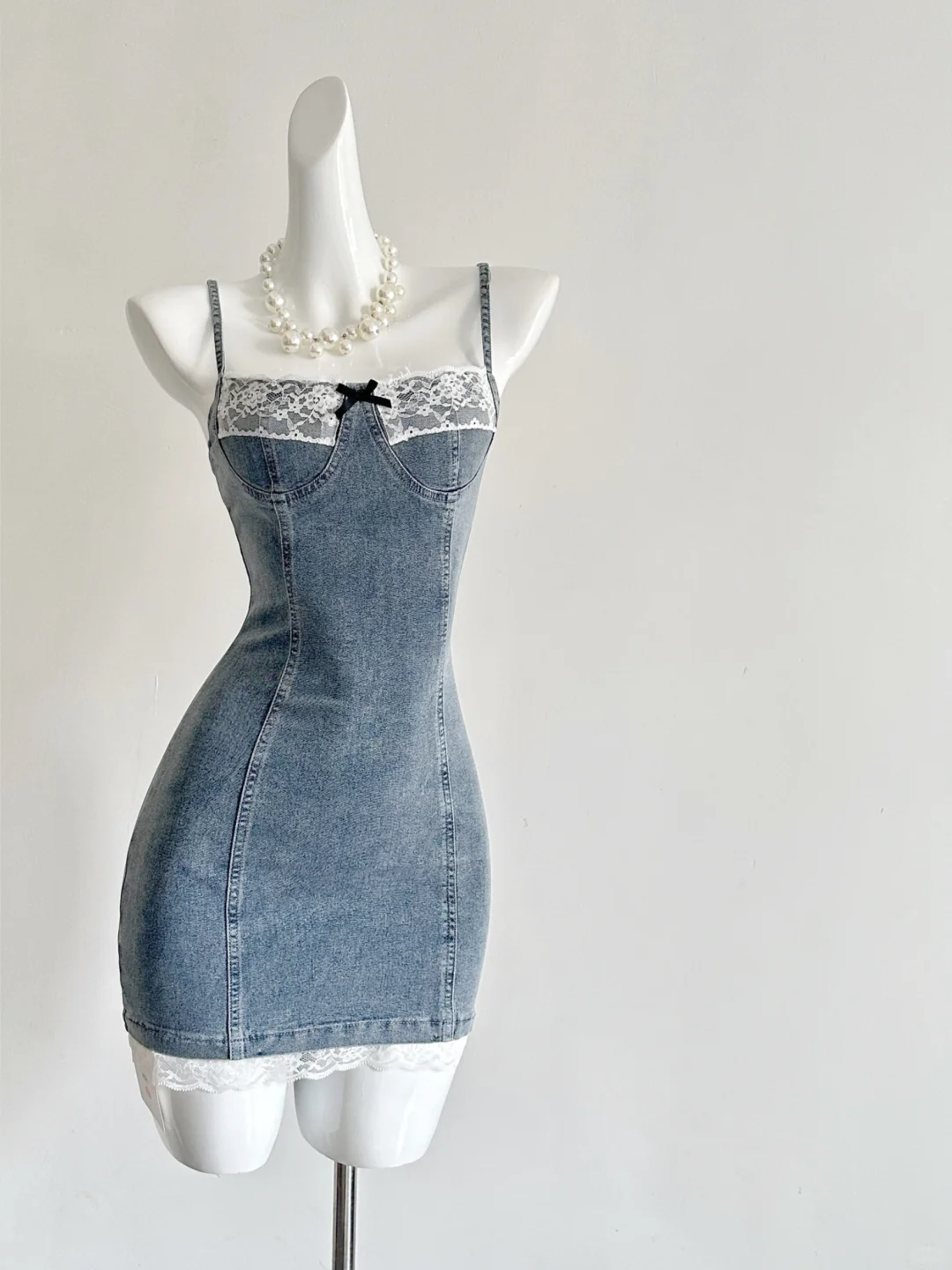 Chic 18th Mermaid Spaghetti Straps Denim Satin Lace Short Homecoming Dress Birthday Outfits - FashionDia