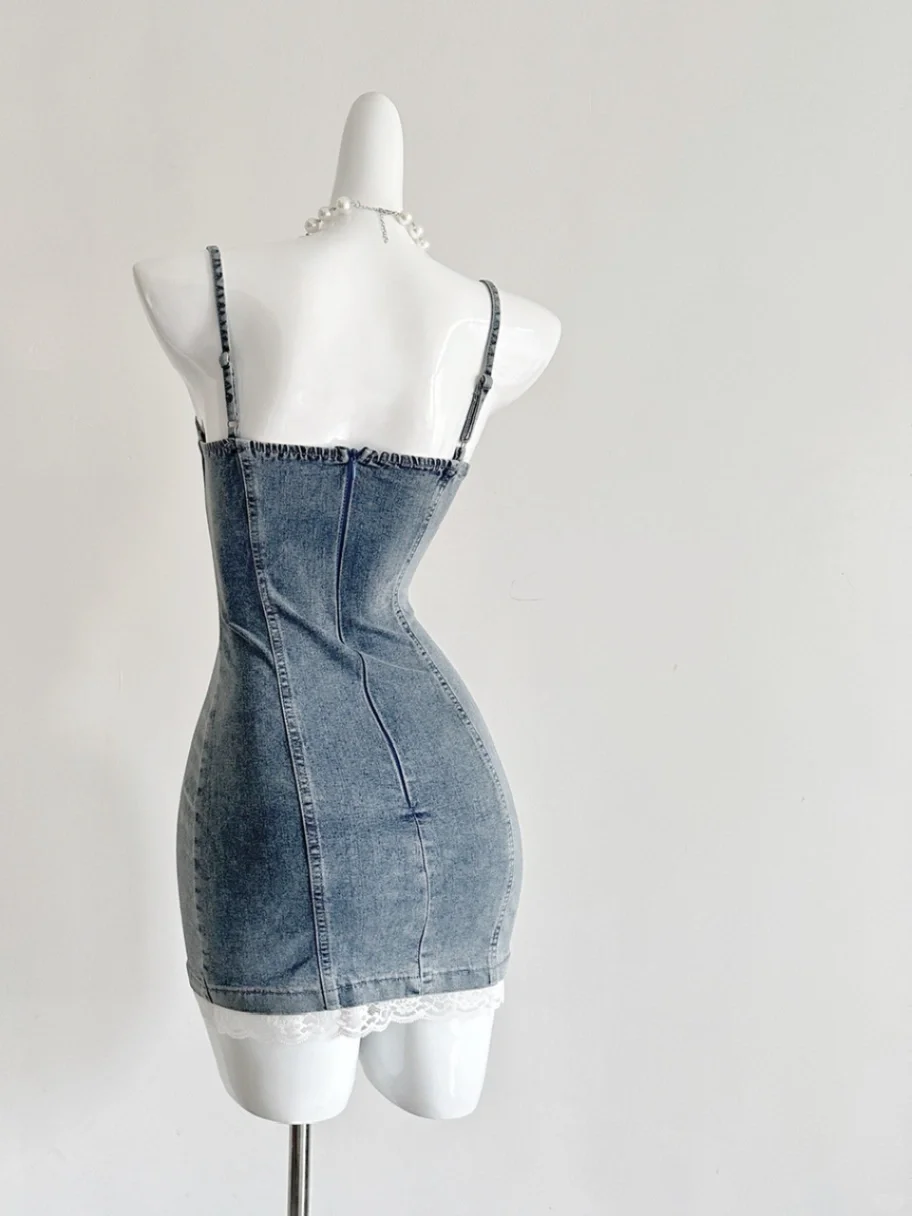 Chic 18th Mermaid Spaghetti Straps Denim Satin Lace Short Homecoming Dress Birthday Outfits - View 2 | FashionDia
