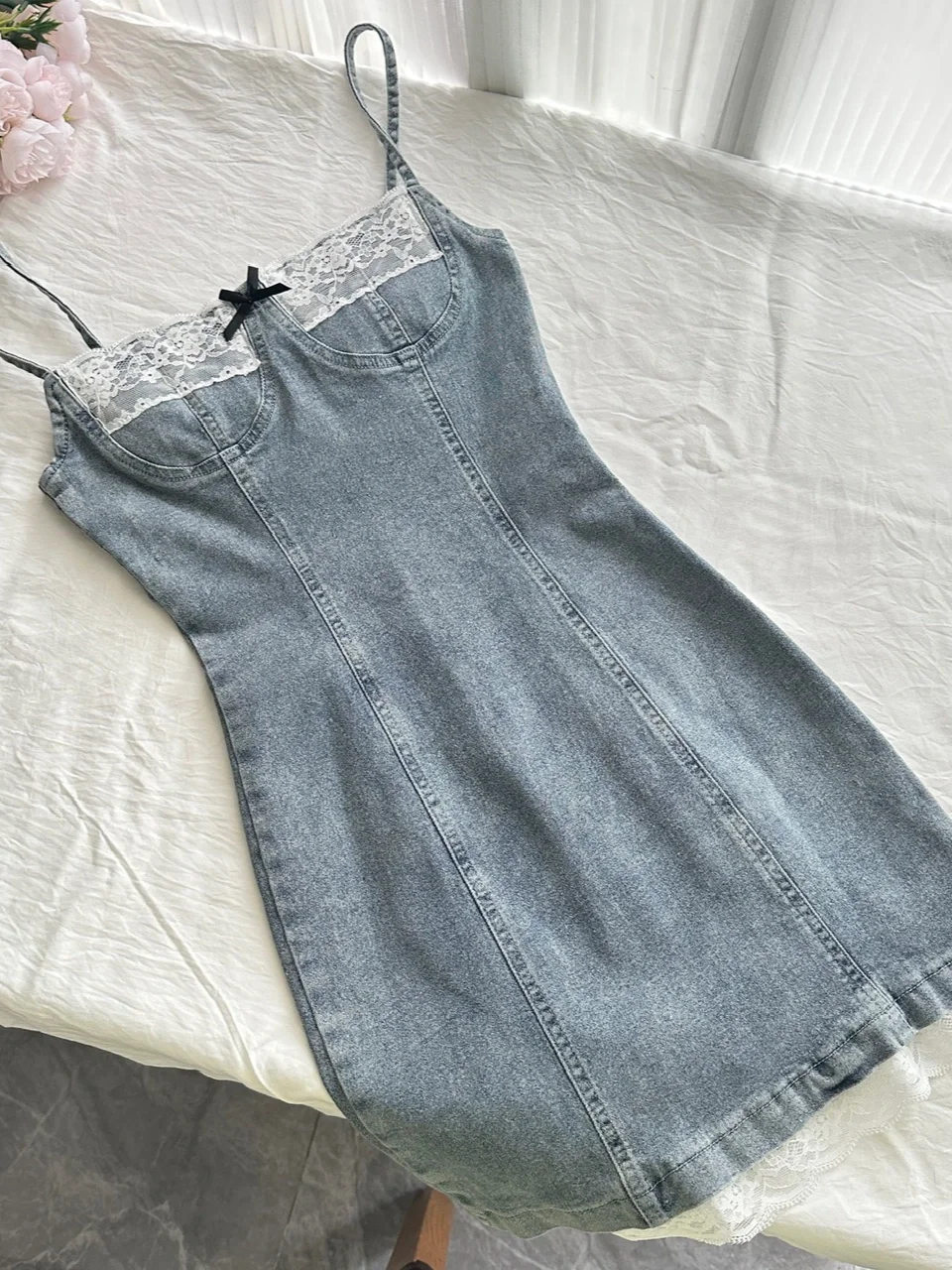 Chic 18th Mermaid Spaghetti Straps Denim Satin Lace Short Homecoming Dress Birthday Outfits - View 3 | FashionDia