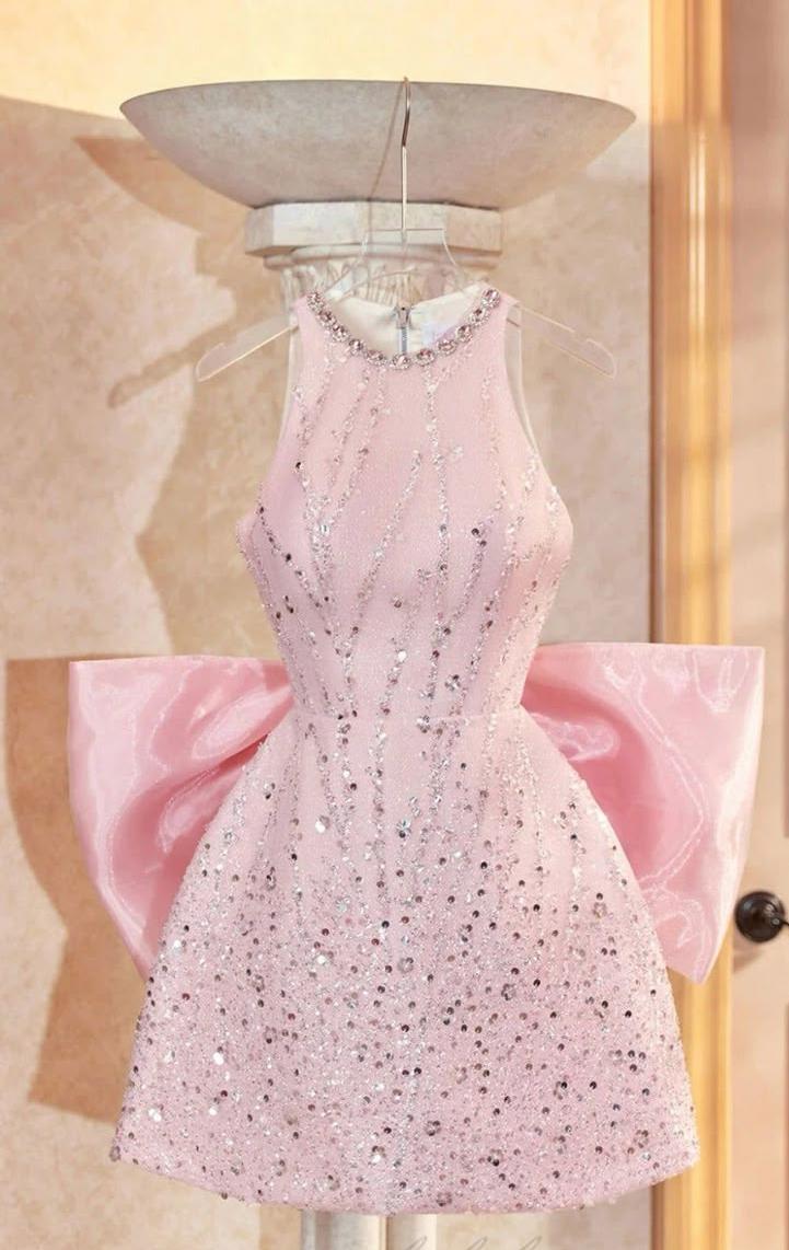 Cute Pink A-Line Halter Satin Sequin Short Homecoming Dress Birthday Outfits - FashionDia