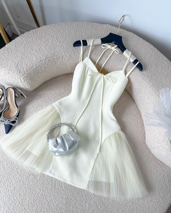 Simple A-Line Spaghetti Straps Satin Tulle Short Homecoming Dress18th Birthday Outfits - FashionDia