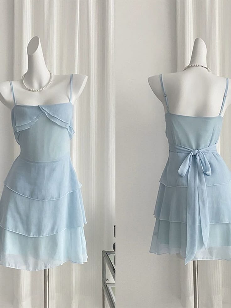 Cute Pale Blue A-Line Spaghetti Straps Chiffon Tiered Short Homecoming Dress 17th Birthday Outfits - FashionDia