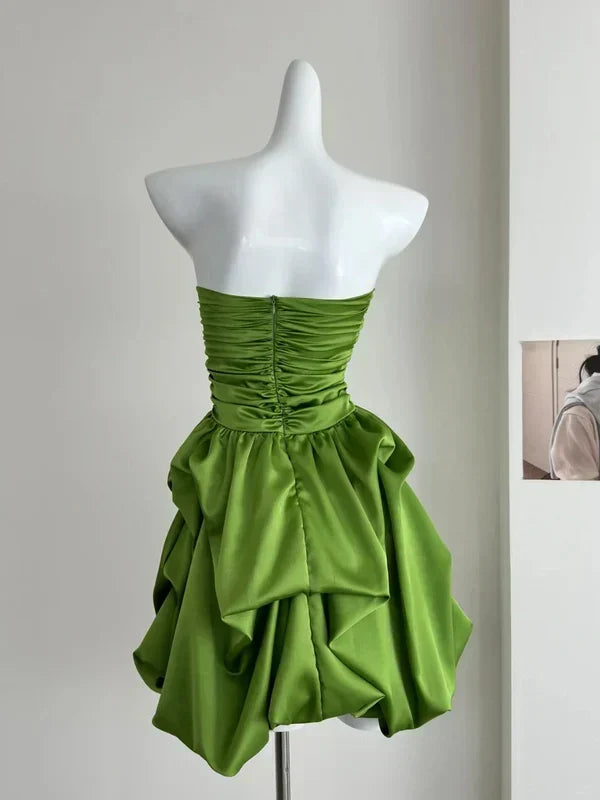 Chic A-Line Strapless Green Satin Pleated Short Homecoming Dress 18th Birthday Outfits - View 4 | FashionDia
