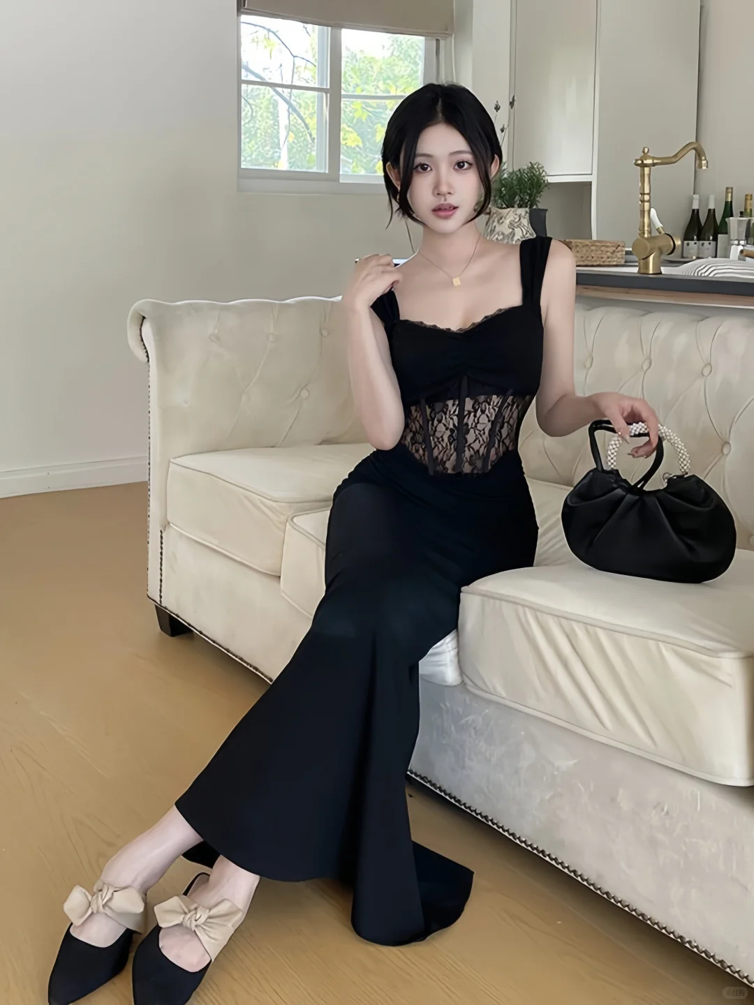 Classy Mermaid Sweetheart Black Satin Lace Long Prom Dresses Formal Dress - FashionDia
