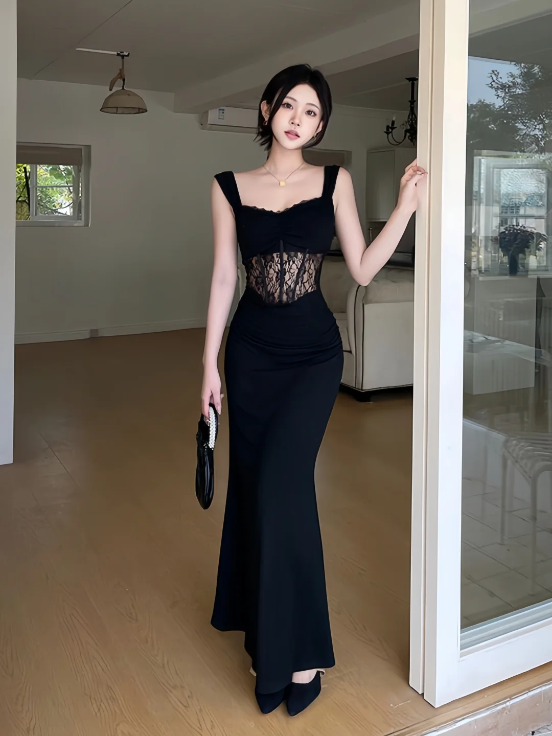 Classy Mermaid Sweetheart Black Satin Lace Long Prom Dresses Formal Dress - View 3 | FashionDia