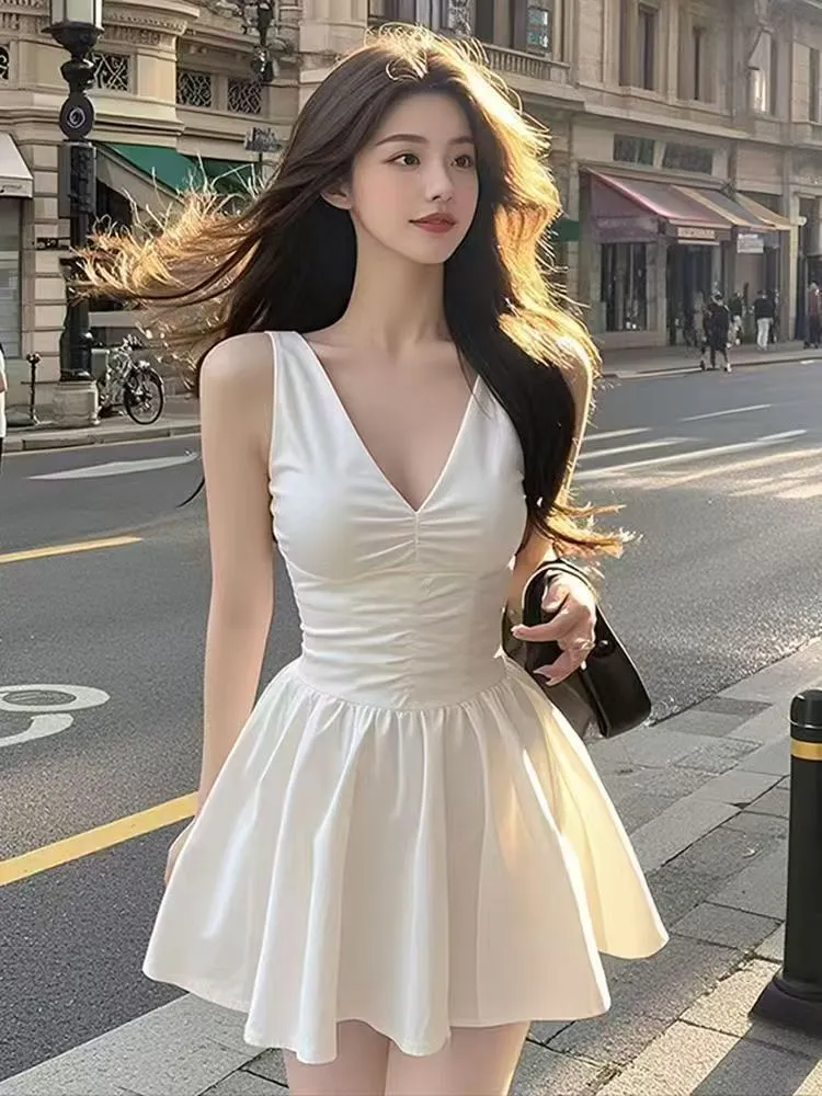 Cute A-Line V-Neck White Satin Pleated Short Homecoming Dress 19th Birthday Outfits - FashionDia