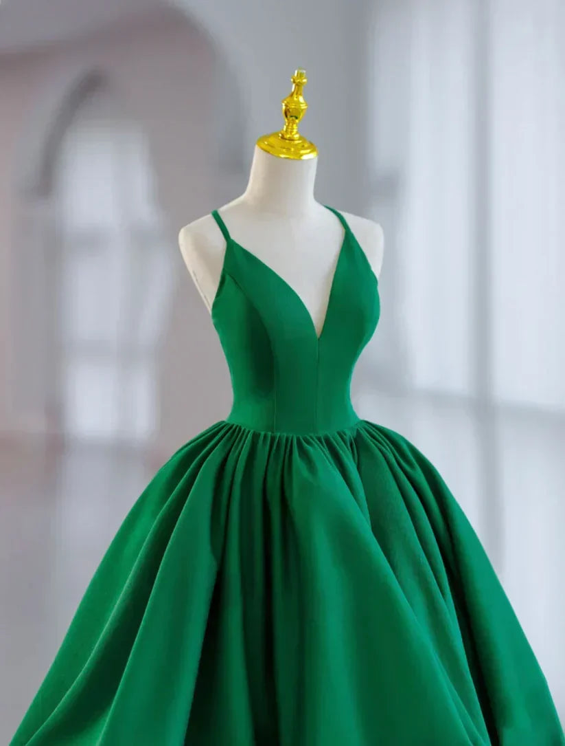 Classy Ball Gown Spaghetti Straps Green Satin Short Homecoming Dress 18th Birthday Outfits - View 2 | FashionDia