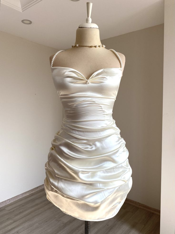 Mermaid Spaghetti Straps Satin Beads Pleated Short Homecoming Dress 19th Birthday Outfits - FashionDia