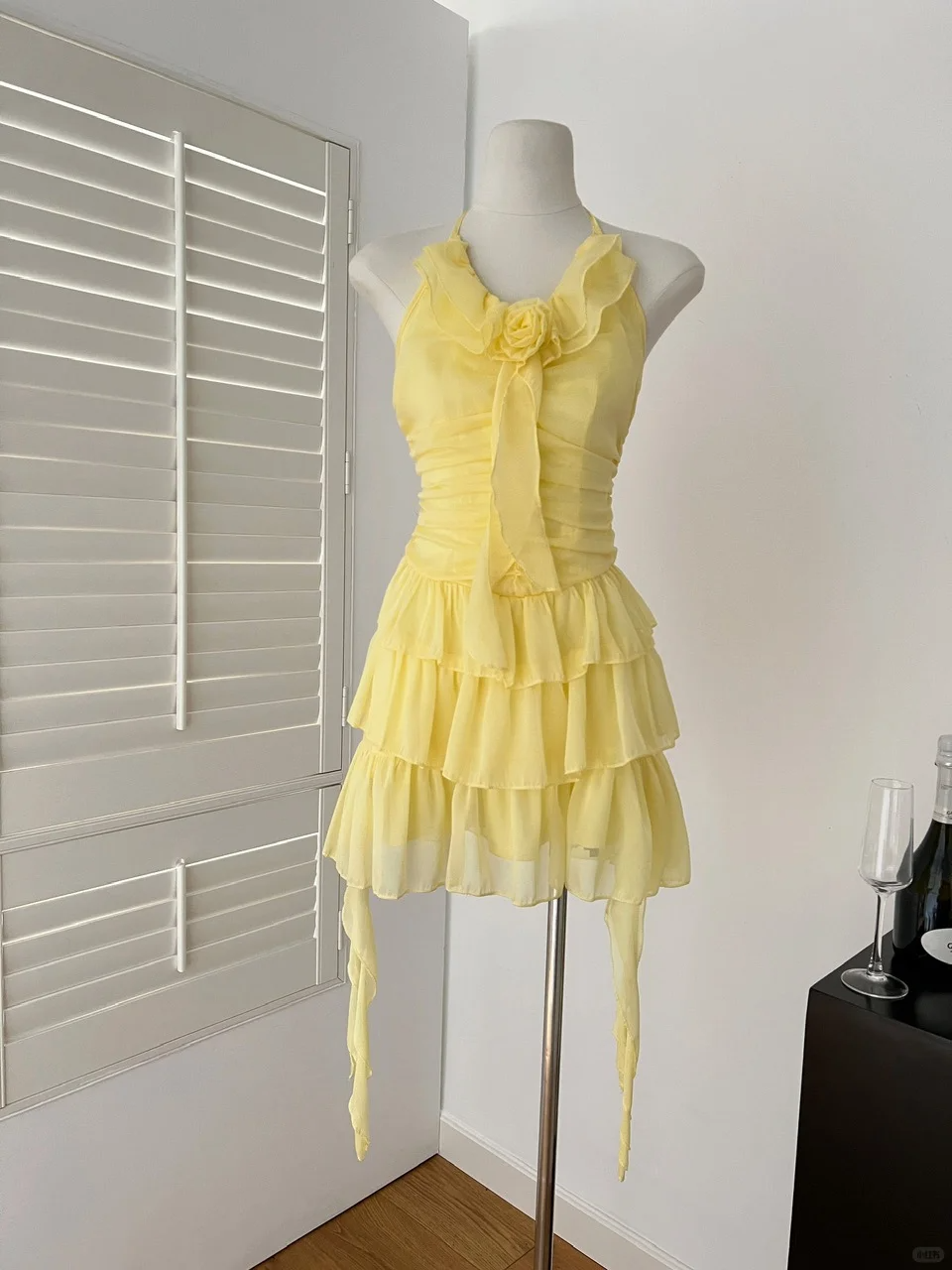 Yellow A-Line Halter Chiffon Tiered Short Homecoming Dress 19th Birthday Outfits - FashionDia