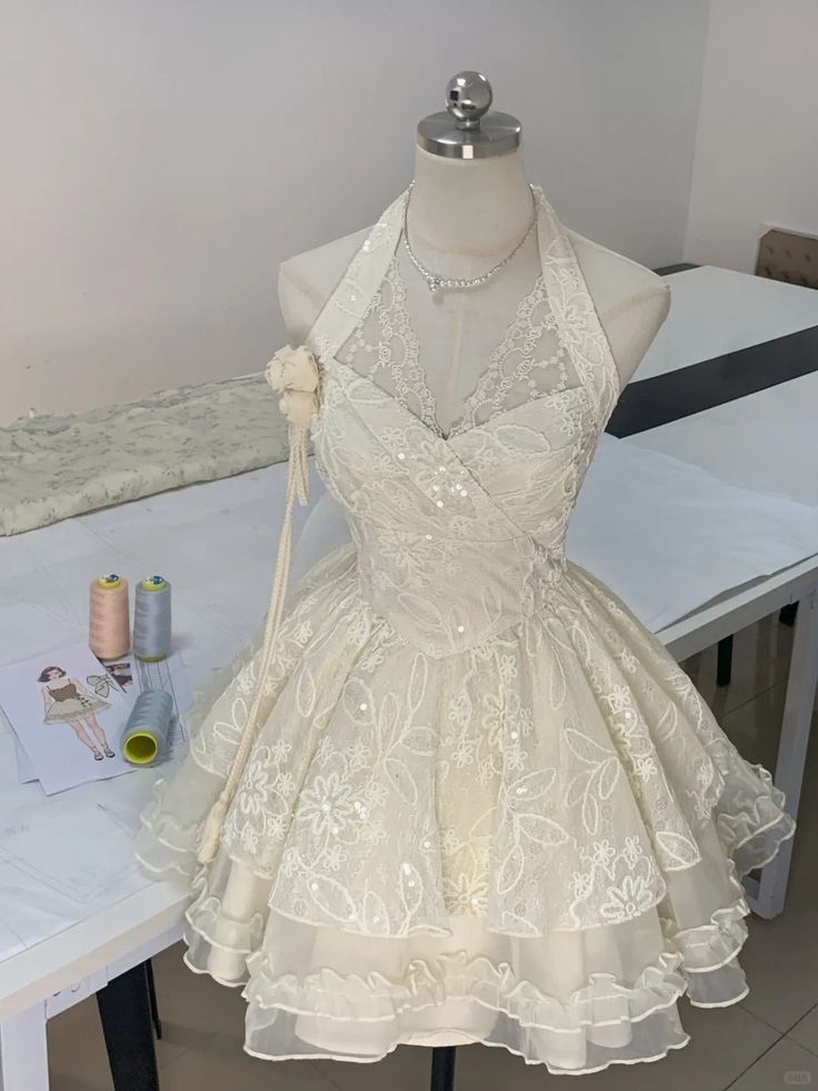 Cute A-Line Halter Tulle Lace Short Homecoming Dress 18th Birthday Outfits - FashionDia