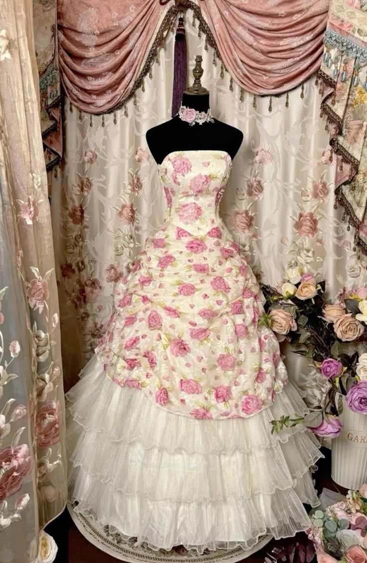 Dreamy Ball Gown Strapless Satin Tulle Flower Long Prom Dresses Formal Dress - FashionDia