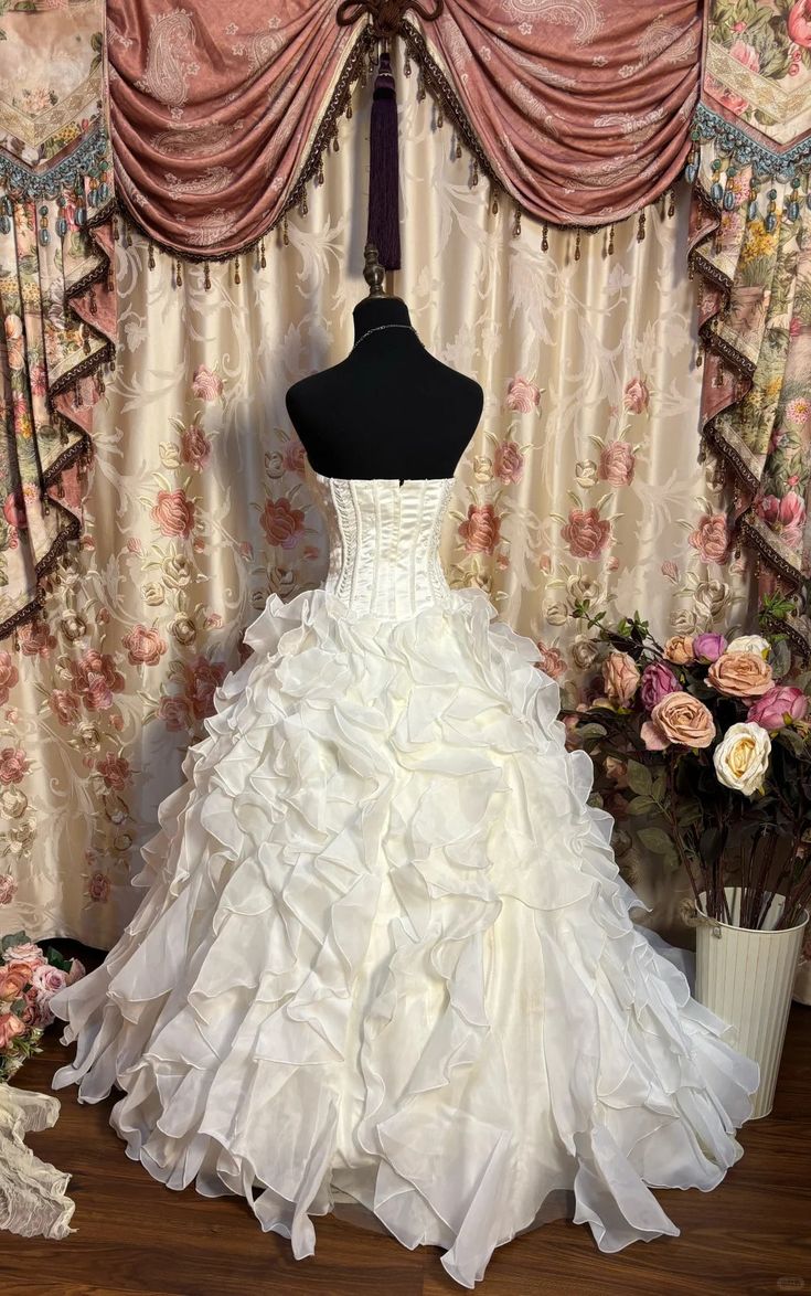 Pretty Ball Gown Strapless Satin Chiffon Ruffles Long Prom Dresses Formal Dress - View 3 | FashionDia