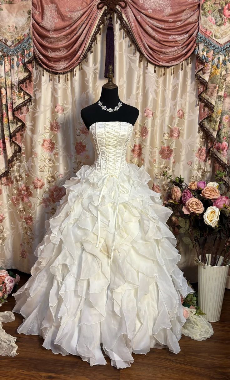 Pretty Ball Gown Strapless Satin Chiffon Ruffles Long Prom Dresses Formal Dress - FashionDia
