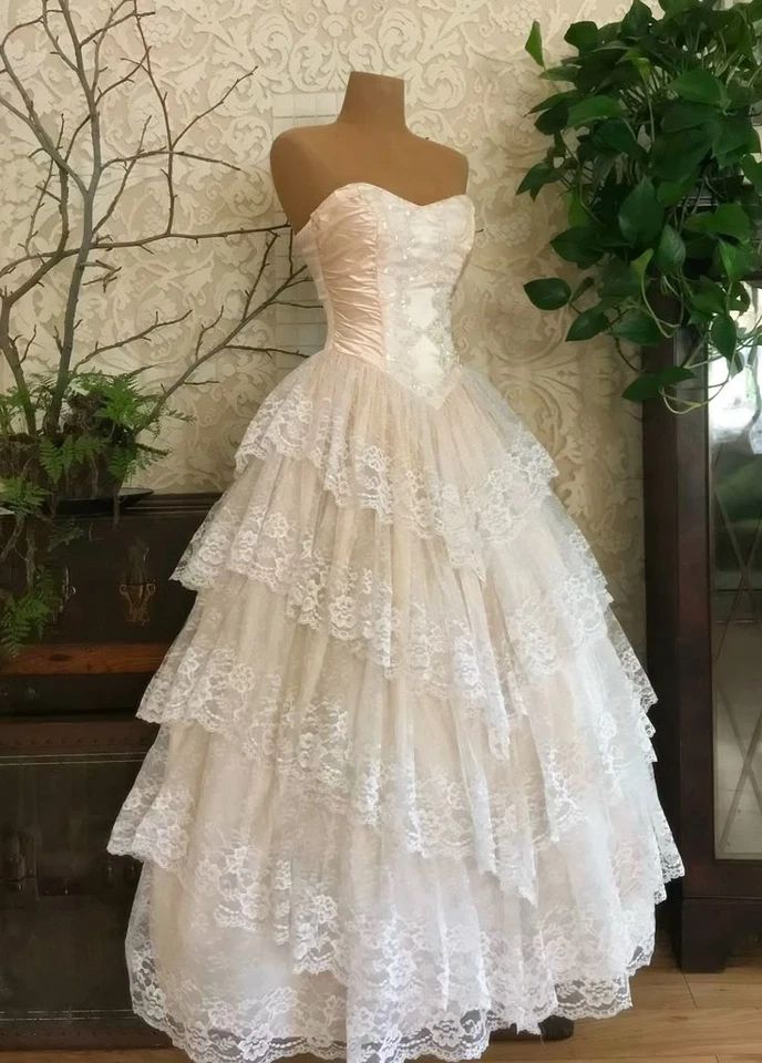Classy Ball Gown Strapless Satin Lace Tiered Long Prom Dresses Formal Dress - FashionDia