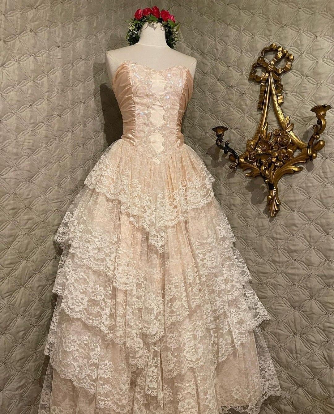 Classy Ball Gown Strapless Satin Lace Tiered Long Prom Dresses Formal Dress