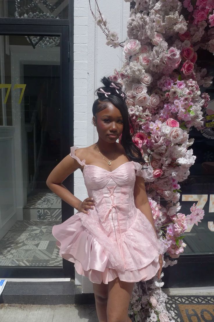 Sweet 20th Pink Ball Gown Off-the-Shoulder Satin Lace Short Homecoming Dress Birthday Outfits - View 2 | FashionDia