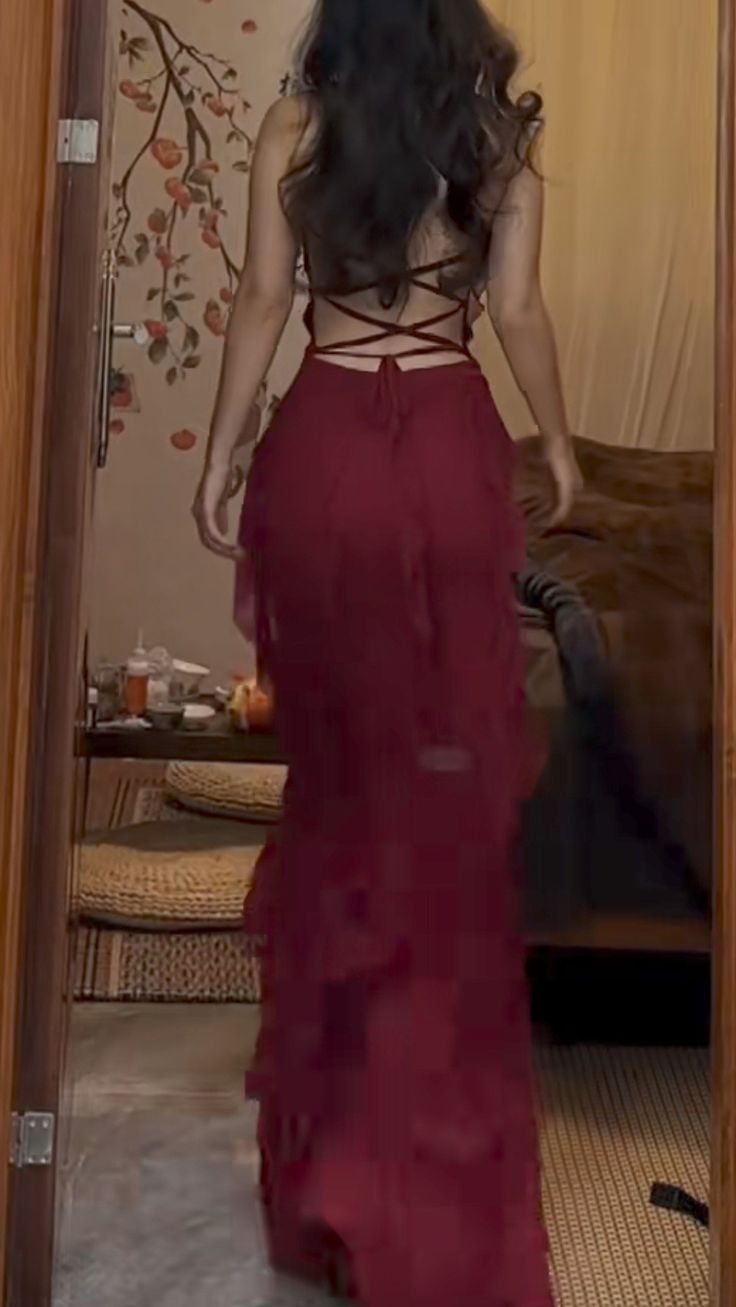 Pretty Mermaid Halter Burgundy Satin Chiffon Ruffles Backless Long Prom Dresses Formal Dress - View 3 | FashionDia