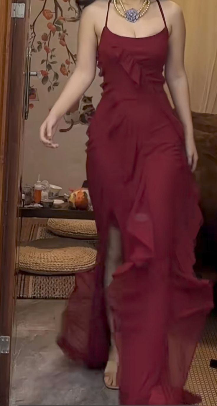Pretty Mermaid Halter Burgundy Satin Chiffon Ruffles Backless Long Prom Dresses Formal Dress - FashionDia