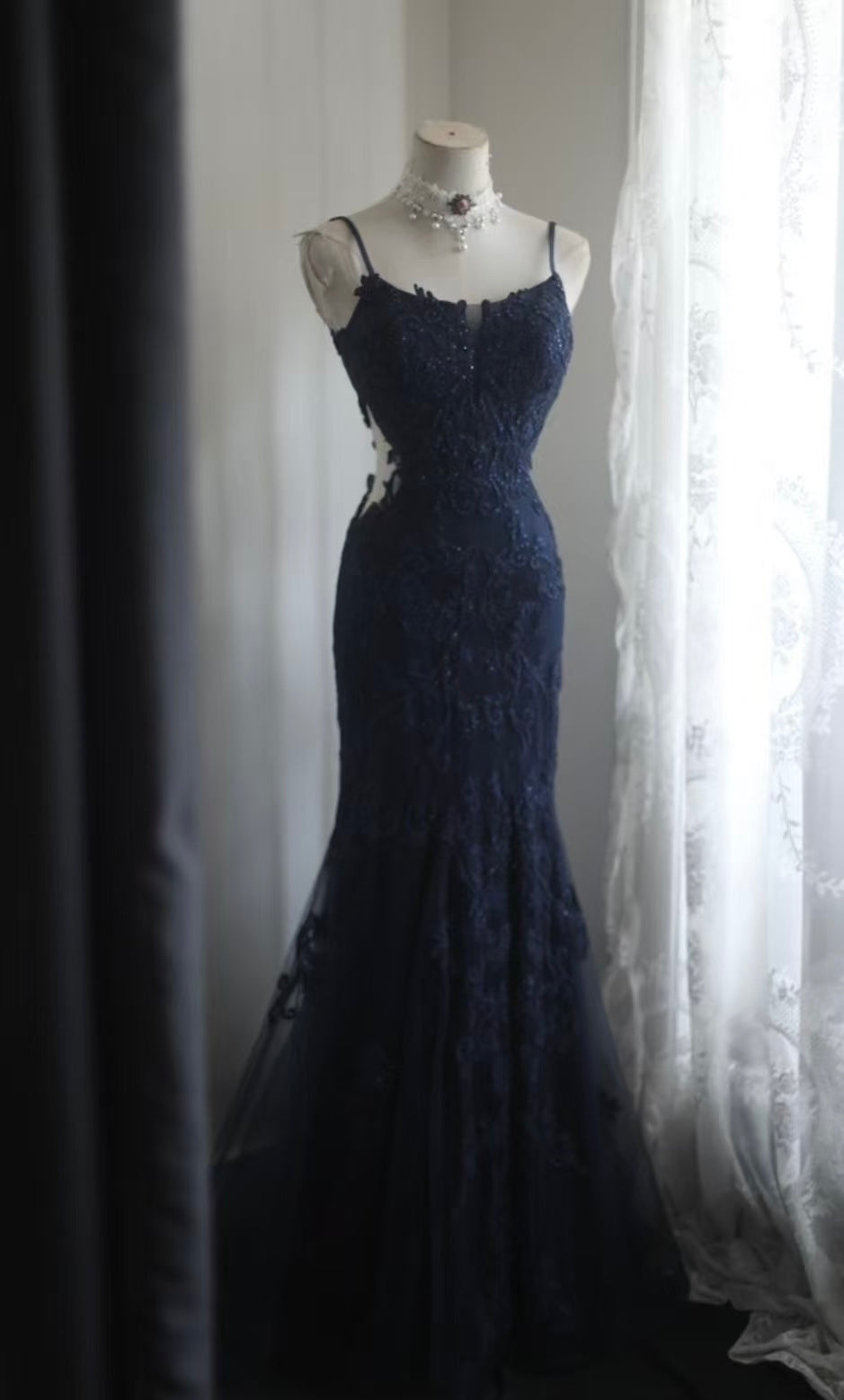 Navy Blue Mermaid Applique Long Prom Dress Formal Evening Party Dress