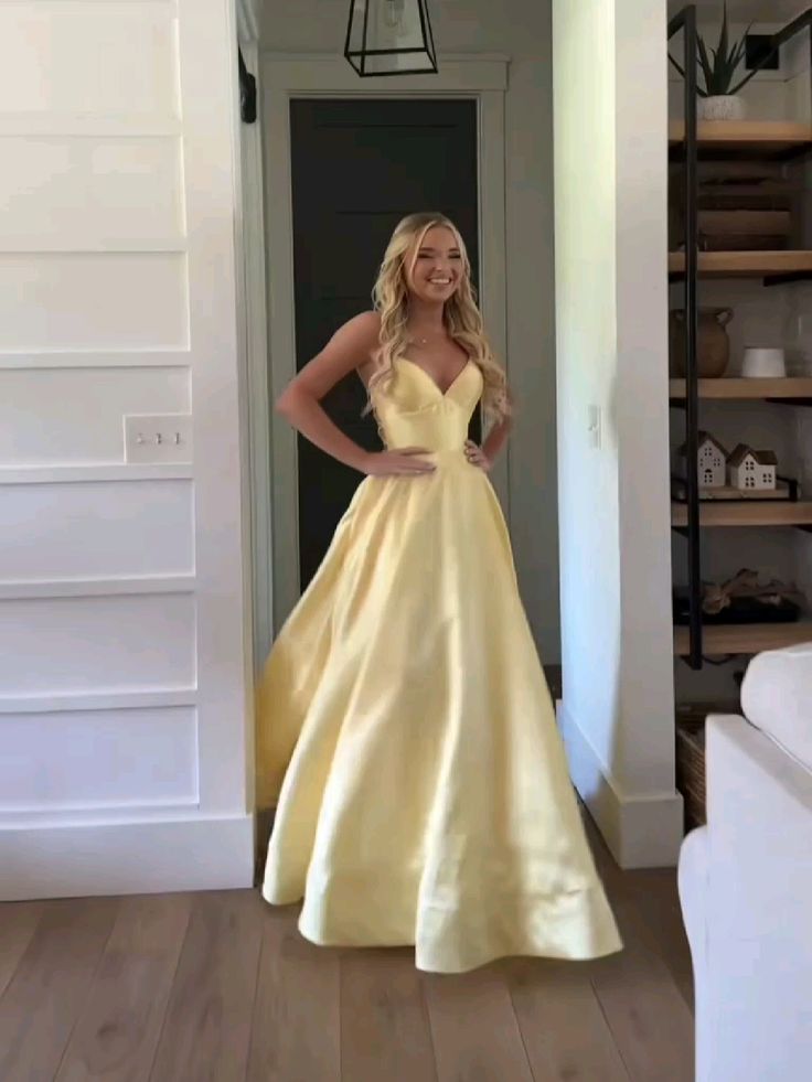 Classic A-Line Spaghetti Straps Pastel Yellow Satin Long Prom Dresses Formal Dress - FashionDia