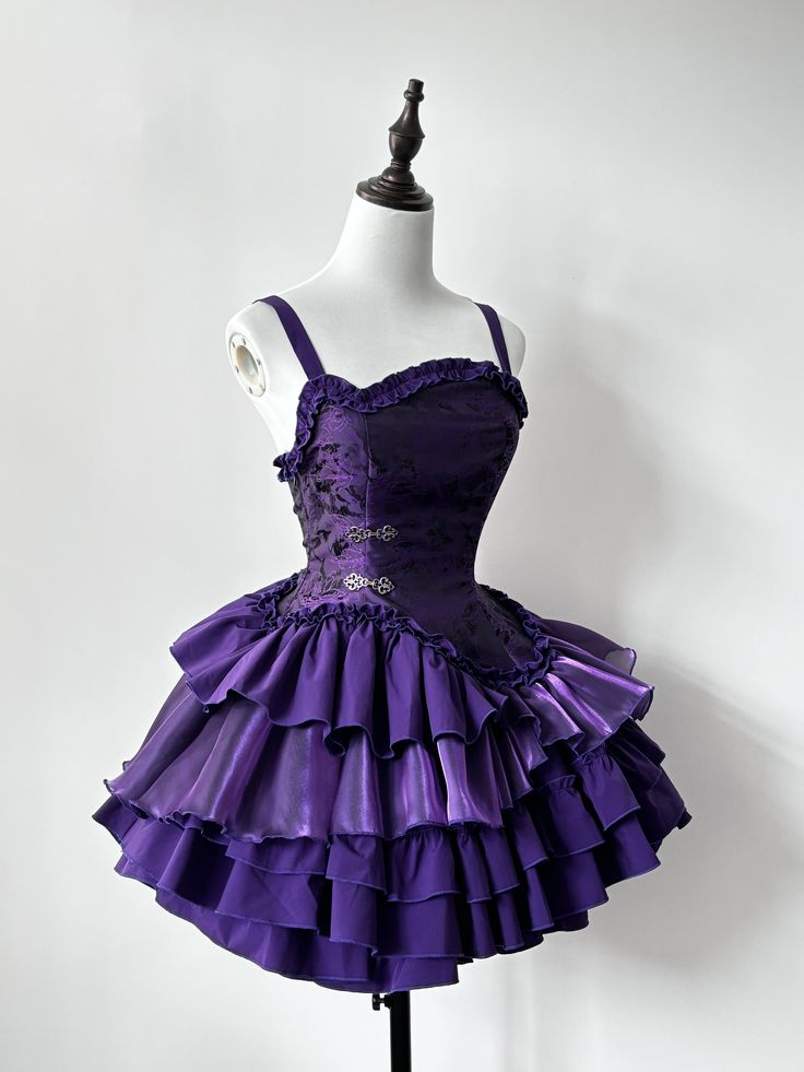 Dark Purple Ball Gown Spaghetti Straps Satin Tiered Mini Short Homecoming Dress 18th Birthday Outfits - FashionDia