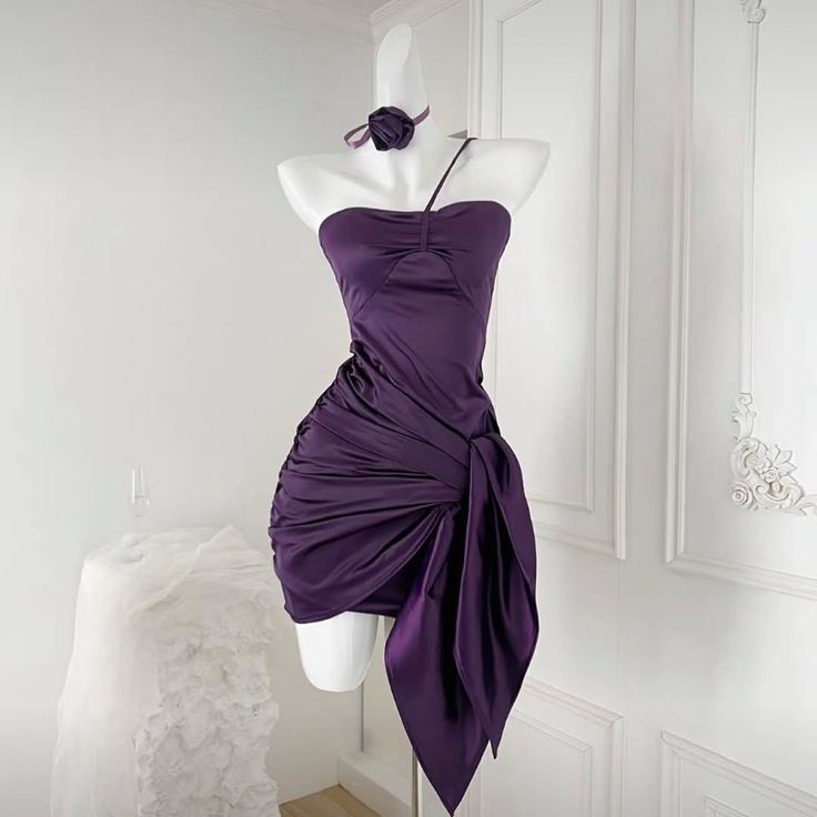 Dark Purple Mermaid One-Shoulder Satin Pleated Short Homecoming Dress 19th Birthday Outfits - View 2 | FashionDia