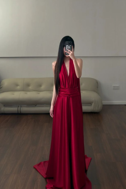 Classy Burgundy A-Line Halter Satin Long Prom Dresses Formal Dress - FashionDia