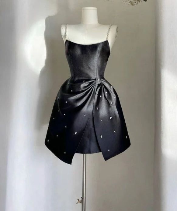 Cute A-Line Spaghetti Straps Black Satin Beads Short Homecoming Dress 18th Birthday Outfits - FashionDia