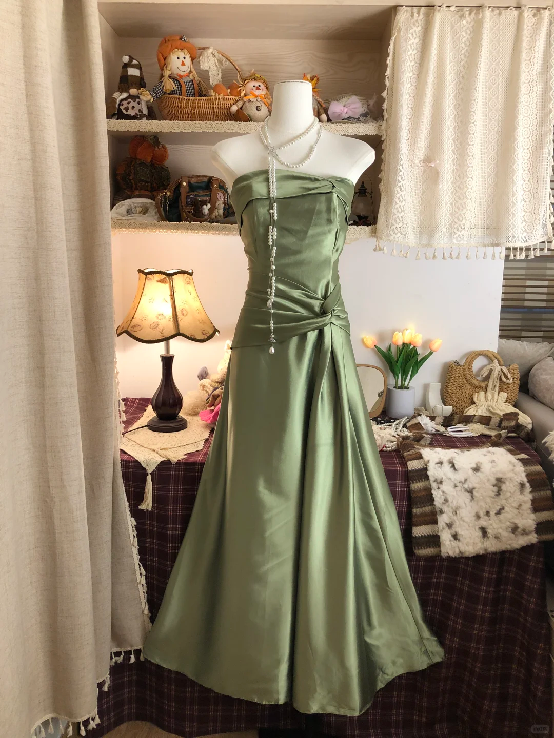 Vintage Strapless Green Satin Long Prom Dress Birthday Party Dress