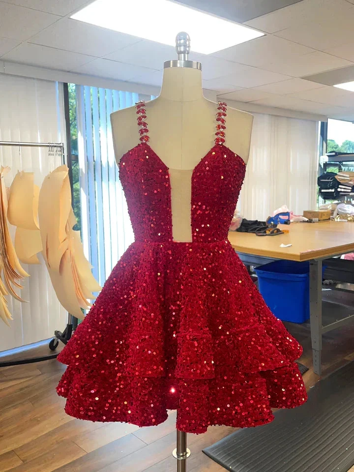 A-line Sequins Sweet 16 Birthday Dress Layered Skirt Popular Homecoming Dress Y07 by simplepromdress