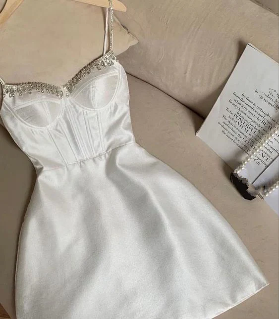 Cute A-Line Spaghetti Straps Satin Beads Short Homecoming Dress 18th Birthday Outfits - FashionDia