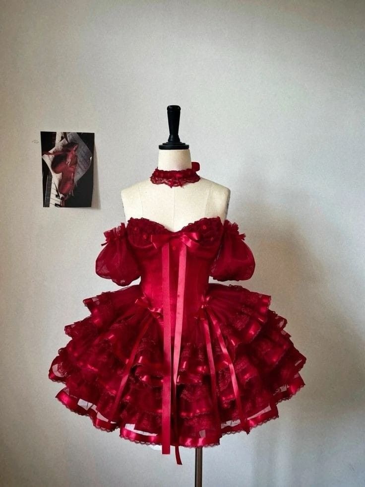 Vintage Ball Gown Red Off The Shoulder Layer Satin Lace Short Homecoming Dress 16th Birthday Outfits - VelvetHem