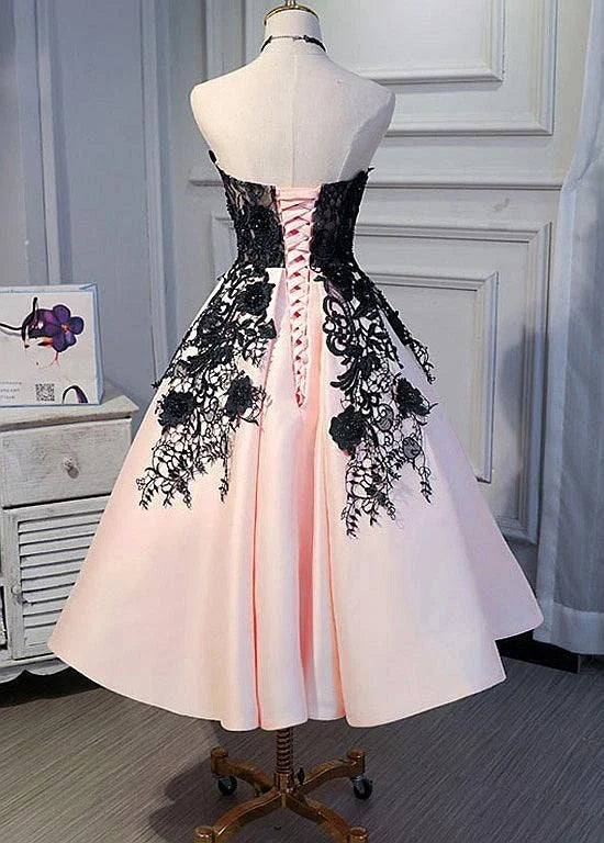 Cute Pearl Pink Tea Length Satin with Lace Applique Party Dress C57