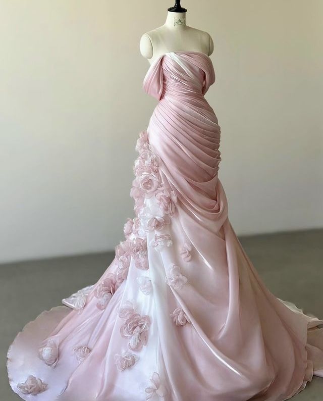 Ombre Mermaid Off-the-Shoulder Pleated Satin Applique Long Prom Dresses Formal Dress - FashionDia
