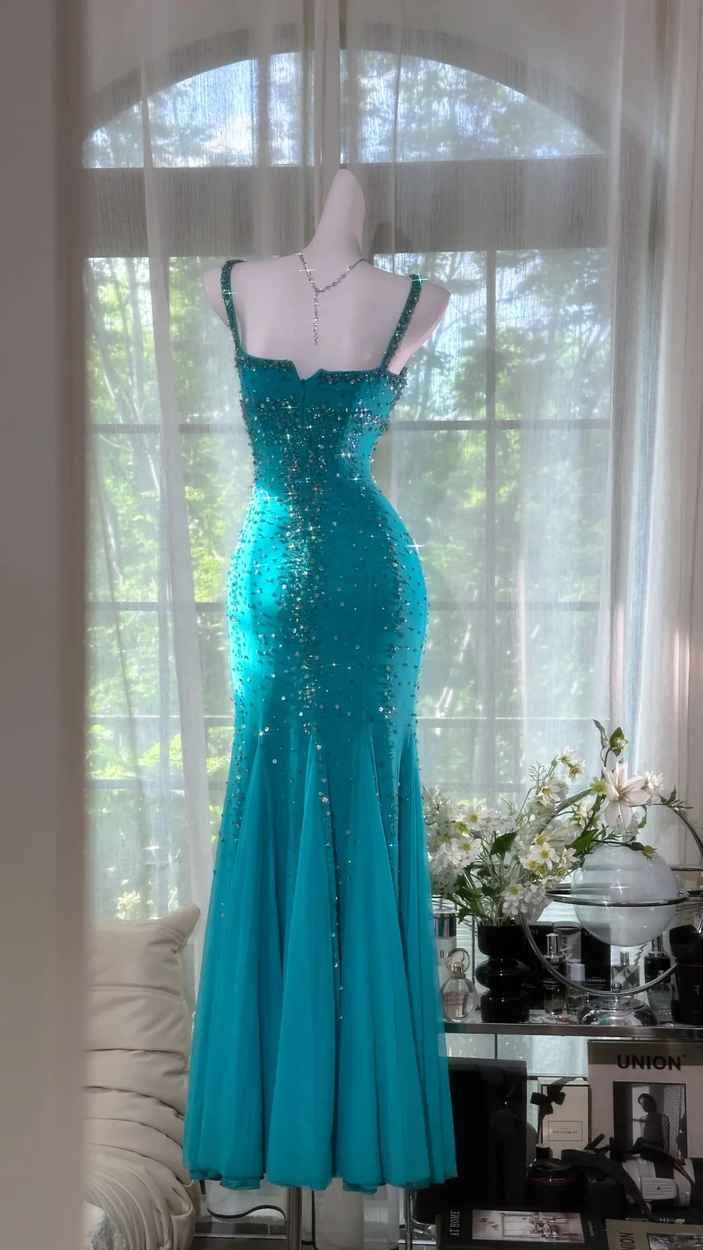 Sexy Glitter Mermaid Spaghetti Straps Chiffon Beads Long Prom Dresses Formal Dress - View 3 | FashionDia