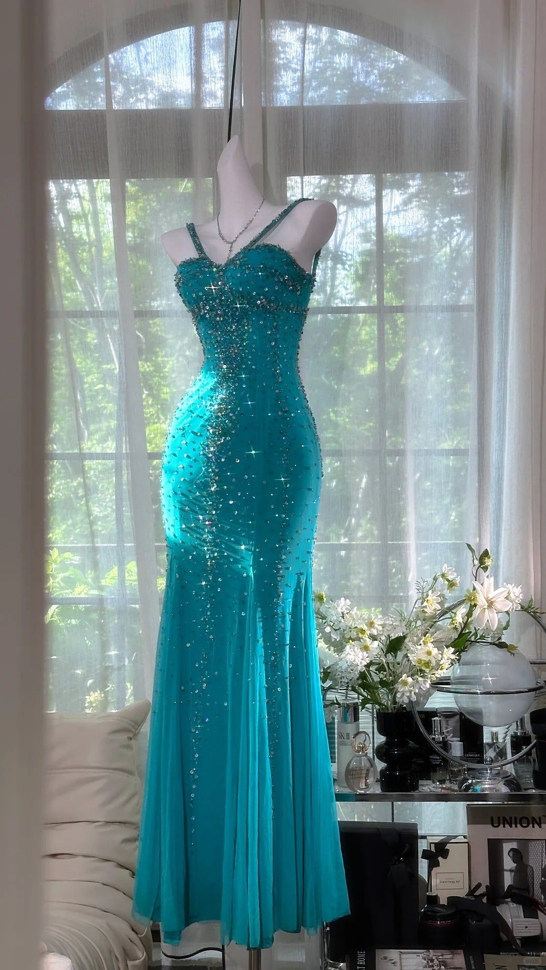 Sexy Glitter Mermaid Spaghetti Straps Chiffon Beads Long Prom Dresses Formal Dress - FashionDia